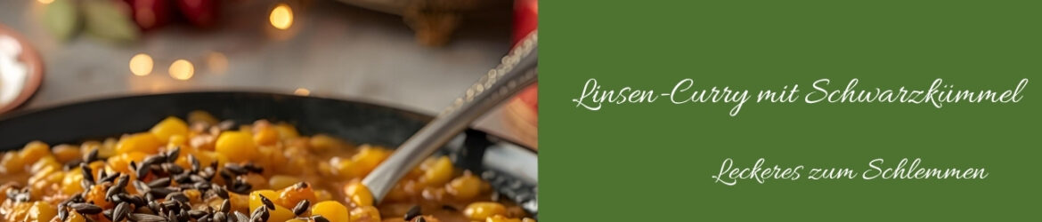 schwarzer teller mit linsen-curry und sibernem löffel, im hintergrund orientalische teekanne